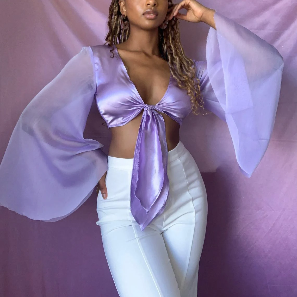 

Fashion New Women Tops Satin Self Tie Knot Front Crop Top with Bell Sleeves Summer Elegant Solid Color Ladies Lace-Up Female Top