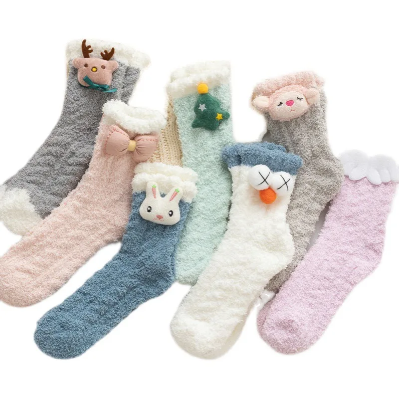 Coral Fleece Socks Female Ins Funny Creative Cartoon Cute Sweet Floor Socks Home Thickened Anti-hair  Kawaii Socks