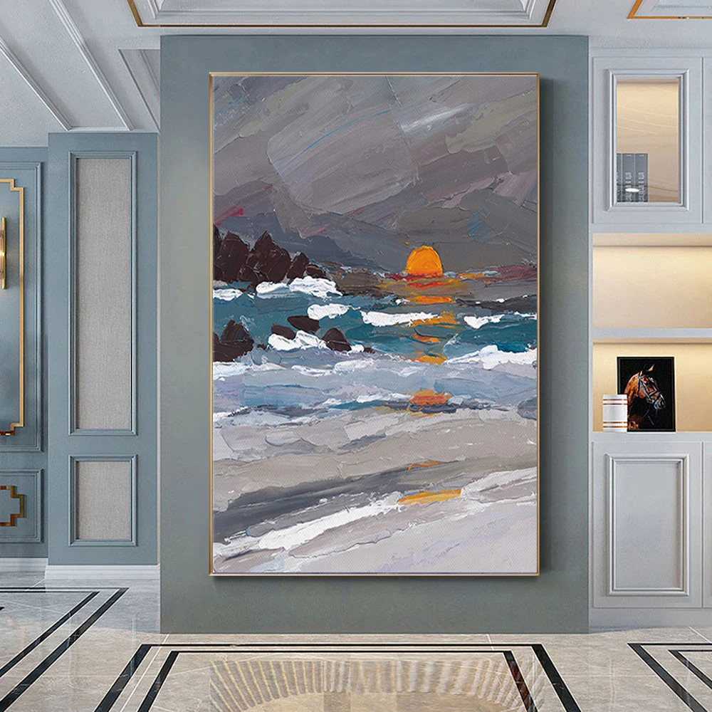

Abstract Home Decor Hand-Painted Oil Paintings Thick Oil Texture Knife Painting Sea View Sunrise Landscape For Living Room Decor