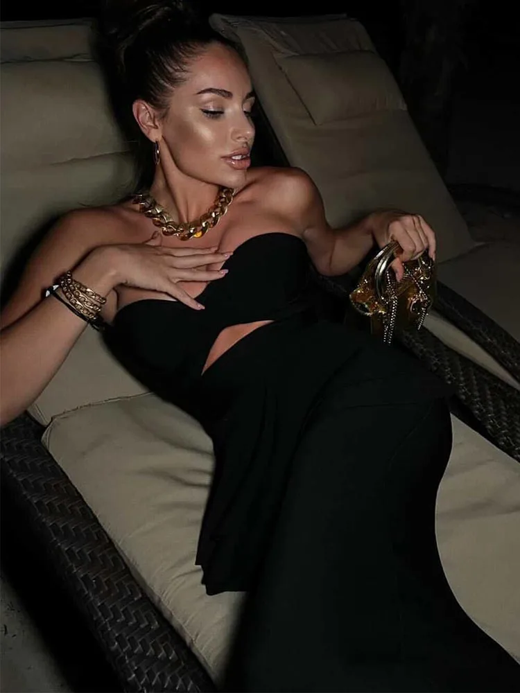 Женское облегающее платье миди с оборками на новый год 2022 черное Бандажное