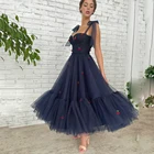 UZN темно-синее короткое платье А-силуэта для выпускного вечера милое вечернее платье с регулируемыми лямками и аппликацией вишни Вечерние платья из Саудовской Аравии