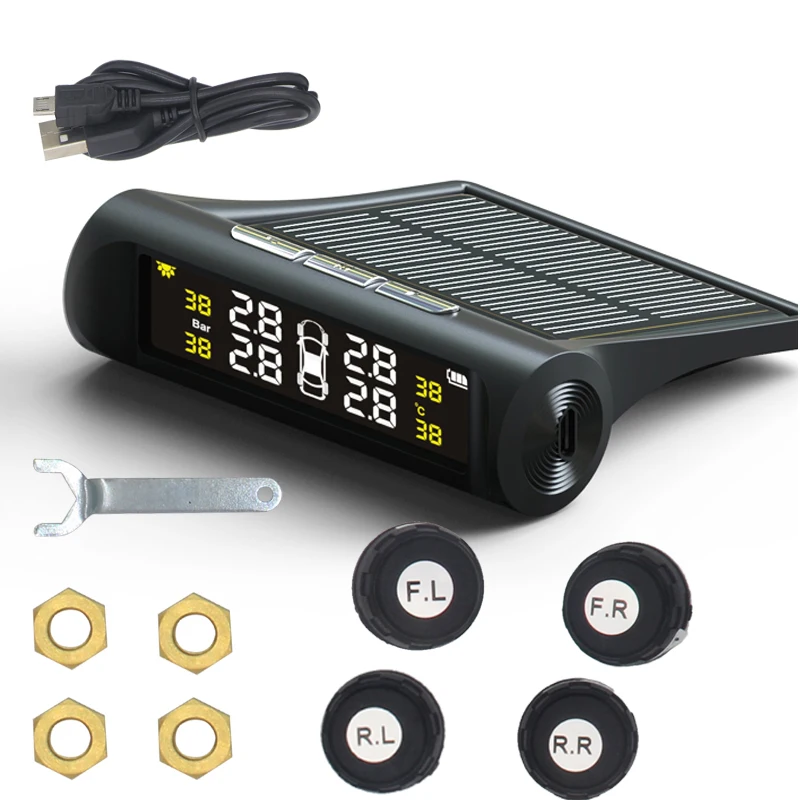 

Car Tire TPMS Tyre Pressure Monitoring System Solar Power Digital LCD Display USB Auto Security Alarm External Pressure Sensor