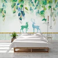custom wallpaper hand painted green leaf elk large wall painting modern living room bedroom home decor mural papel de parede 3d