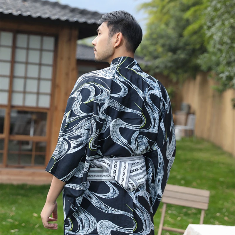 Traditional Japanese KIMONO Fashion YUKATA Summer Men Long Robes With Belt 95% Cotton Pajamas Set Male Sleepwear Bathrobe