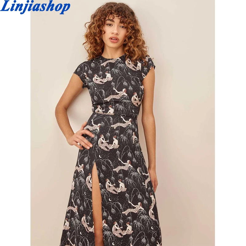 

Женское шифоновое платье миди с коротким рукавом, круглым вырезом и разрезом