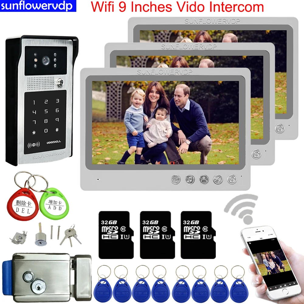 

3 Monitors Video Door Phone Wifi 9" intercoms Video Intercom Rfid Code Unlock Home Bell +32GB SD Card With Electronic Door Lock