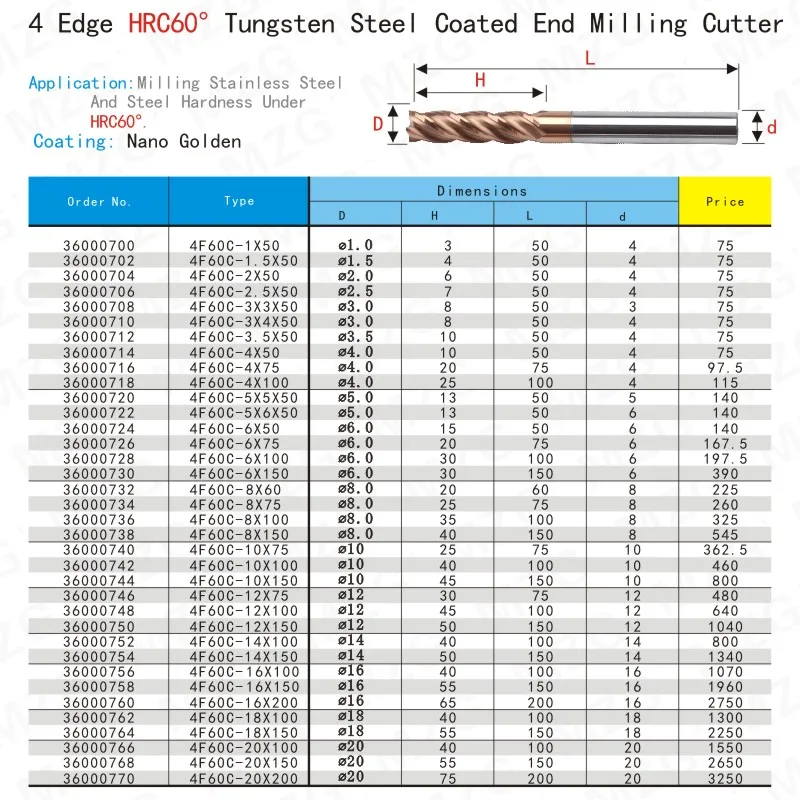 MZG удлиненная Концевая фреза 75L CuttingHRC60 4 Флейта 6 мм 8 мм 12 мм сплав карбидная Вольфрамовая сталь фреза