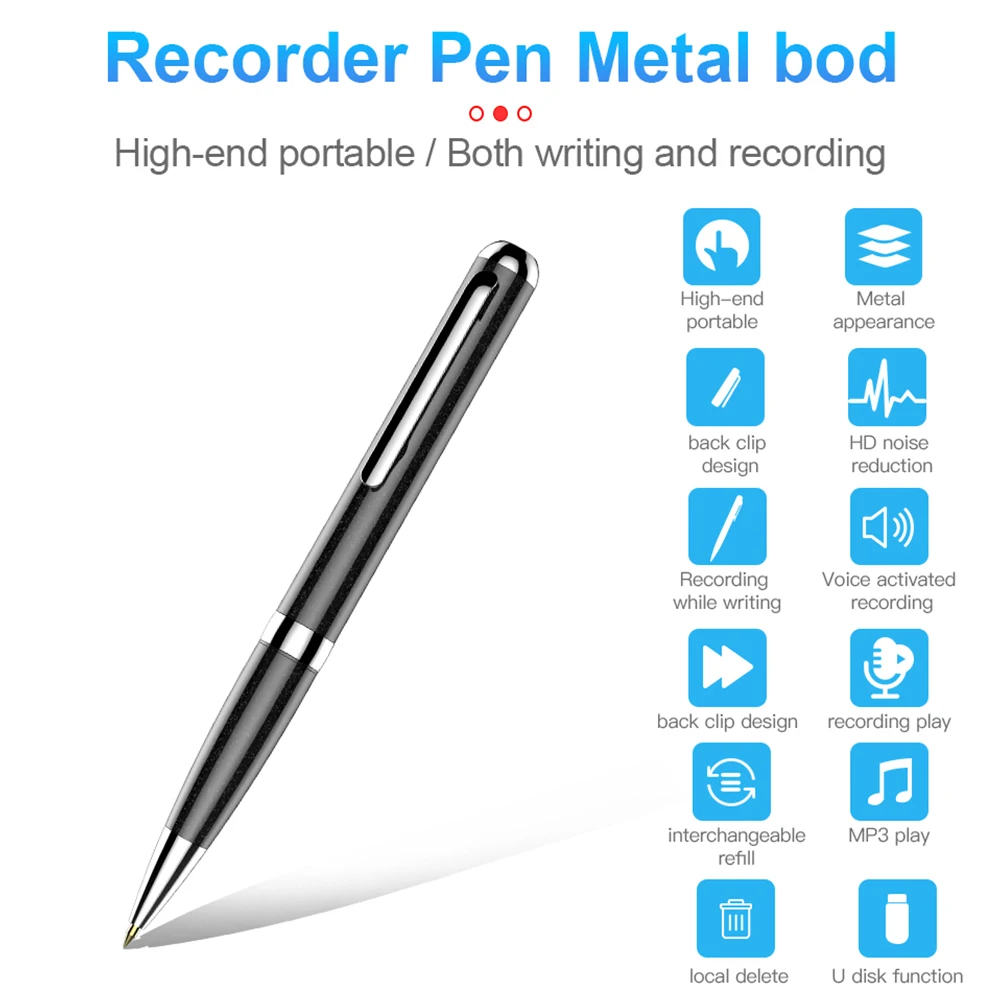 

8GB Digital Voice Recorder Metal Professional Pen Audio Recording WAV 192Kpbs Rechargeable Noise Reduction Sound Dictaphone