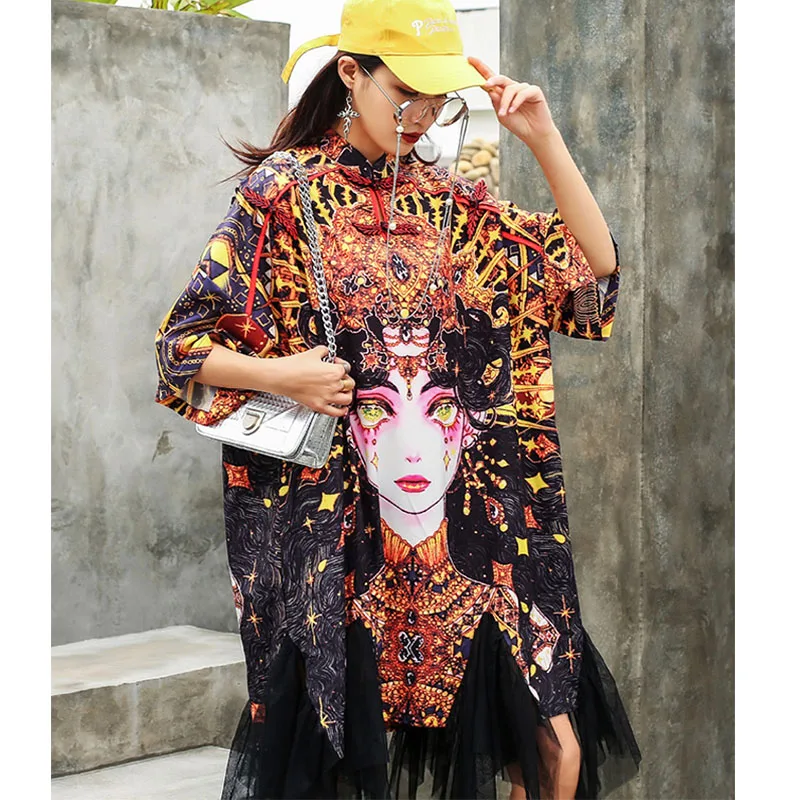 

2021 INS New Street Trend Women Dress Cartoon Print Patched Gauze Cheongsam Modified Version Asymmetrical Skirt Mujer Plus Size
