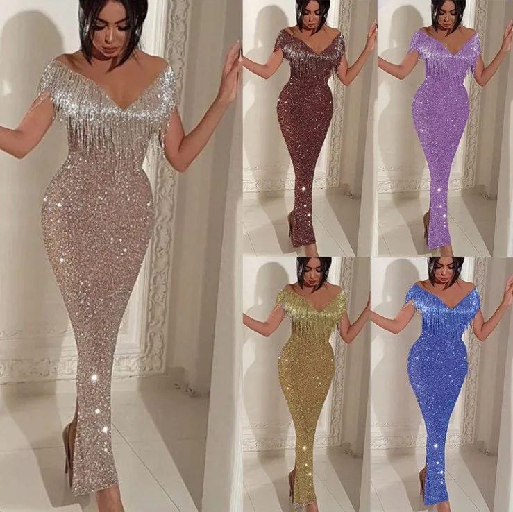 

Mayata Rose Gold Shinning Patchwork Tassels Banquet Party Dress Lady High Split Sequined Mesh Dress Evening Floor Length Dress