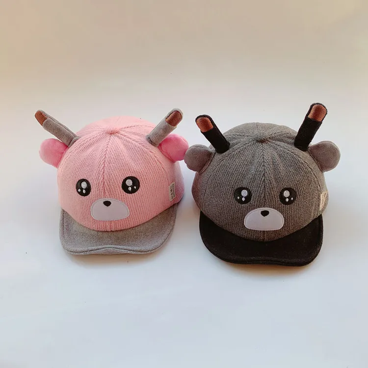 Детские зимние теплые шерстяные бейсбольные кепки в полоску с медведем детские