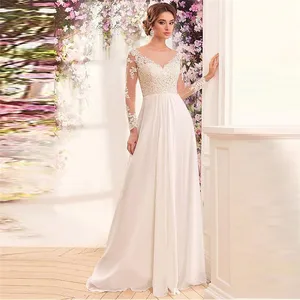 Sheer Scoop Long Sleeves Lace Appliques A-Line Chiffon Wedding Dress Sexy Lower Back Women Bridal Gowns 2021 Formal Simple Sheer Scoop Long Sleeves Lace Appliques A-Line Chiffon Wedding Dress Sexy Lower Back Women Bridal Gowns 2021 Formal Simple