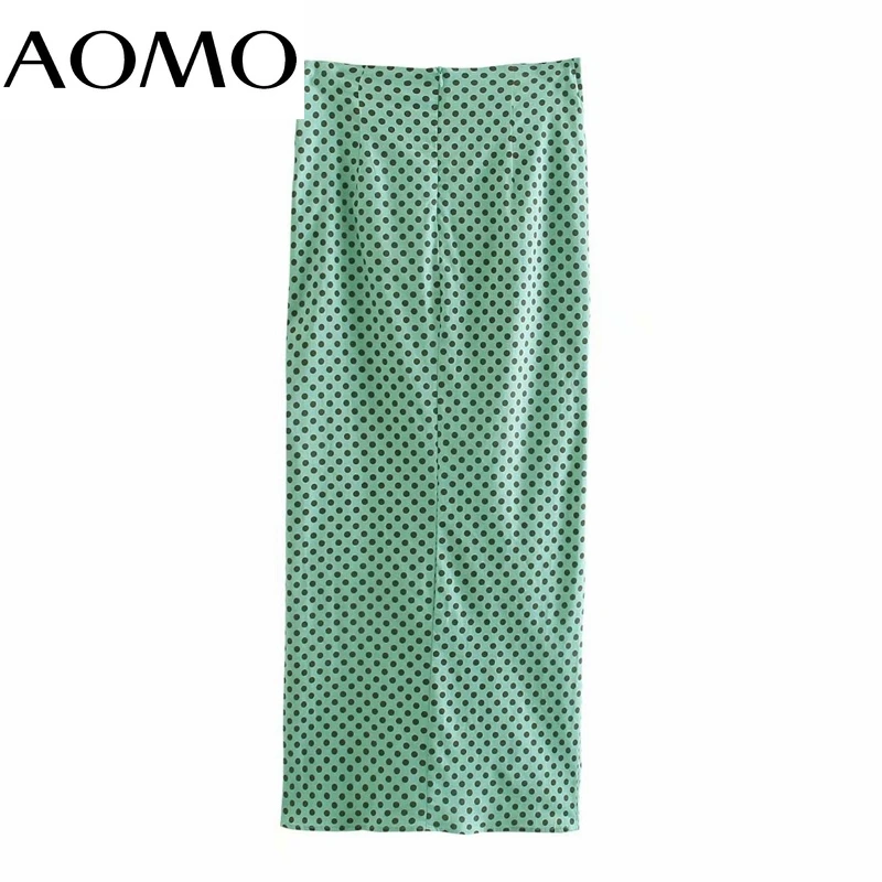 

AOMO Women Green Dots Midi Skirt Faldas Mujer Vintage Side Zipper Ladies Elegant Chic Mid Calf Skirts 3H109A