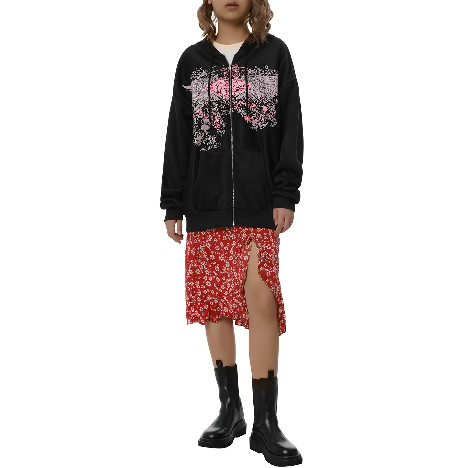 

Women Full Zip Rhinestone Hoodies, Long Sleeve Heart Wings Print Relaxed Fit Sweatshirts