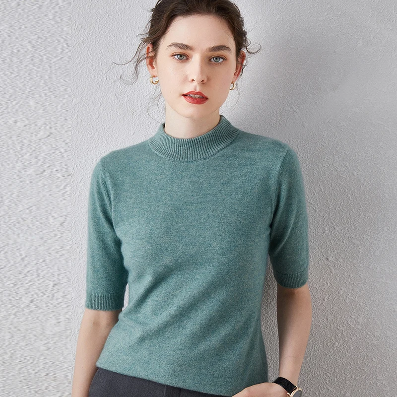 

2020 New Knitted Slim Pullover Women Turtleneck 100% Cashmere Sweater Shirt Female All-match Basic Half Sleeve Tops Clothing
