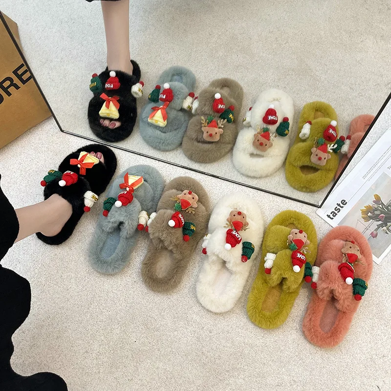 Fall Winter 42 Plus Size Spot Christmas Fur Slippers Female Indoor and Outdoor Flat-bottomed Warm One-word  Slippers Women