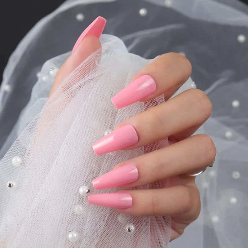

24PCS Solid Color Fake Nails Sweet Style Glossy Removable Long Paragraph Manicure Save Time Glue Type False Nail Patch NN