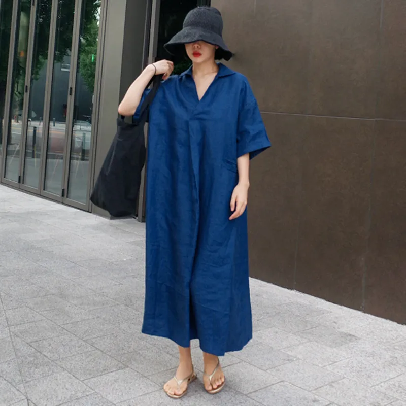 Корейское Свободное длинное платье выше колена винтажное хлопково-льняное в