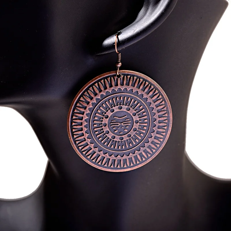 Винтажные богемные большие круглые резные женские цыганские серьги