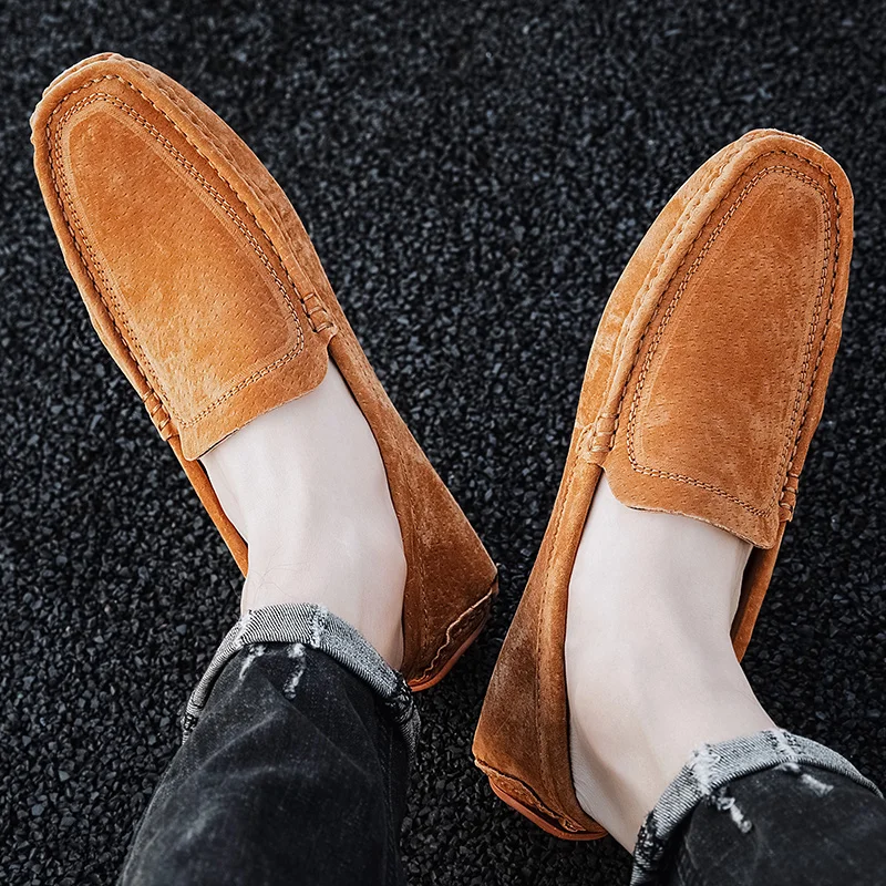 Мужские замшевые мокасины без застежки повседневные уличные туфли на плоской