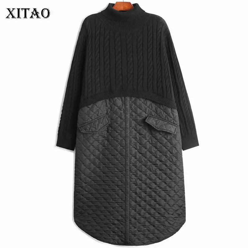 

XITAO вязаное лоскутное платье, сохраняющее тепло, модное, свободное, повседневное, водолазка, пуловер, базовое платье 2022, весеннее, новое, черн...