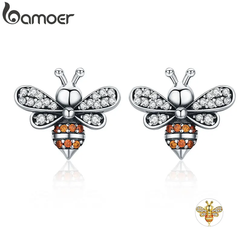 BAMOER, высокое качество, 925 пробы, серебро, Bee Story, прозрачный CZ, изысканные серьги-гвоздики для женщин, модные серебряные ювелирные изделия SCE344