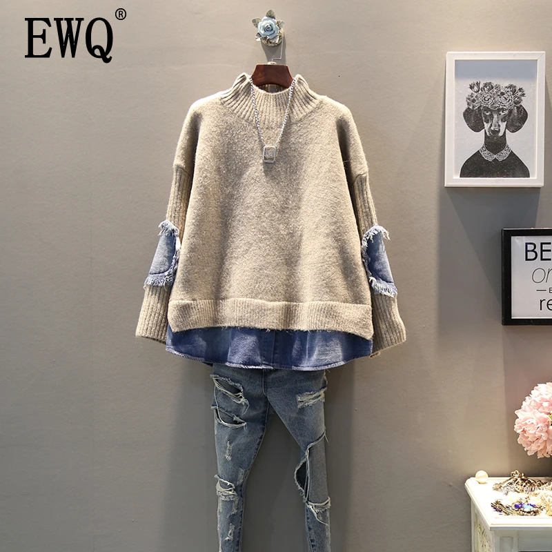 [EWQ], весна-осень, высокое качество, круглый воротник, длинный рукав, имитация двух частей, джинсовый вязаный свитер для женщин, AH50202