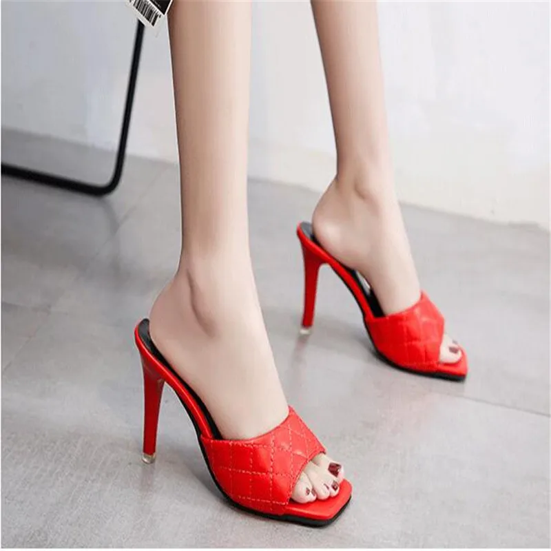 

2020 Square Toe Slippers Women Peep Toe Med Heel 4cm Slides Summer Shoe Women Embroidery Mule Massage Outsole Slipper Size 35-41