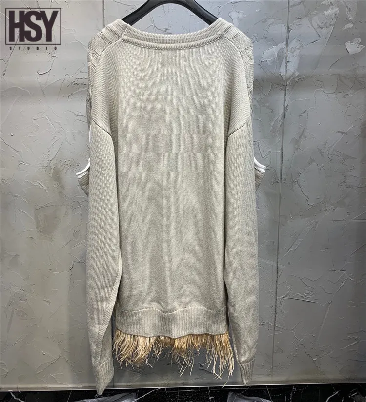 【HSY studo】2019 новый осенний женский топ вязаный с перьями длинным рукавом или без
