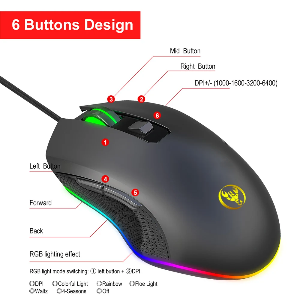 HXSJ Проводная игровая мышь DPI 6400 оптическая RGB с подсветкой офисная 7 кнопок