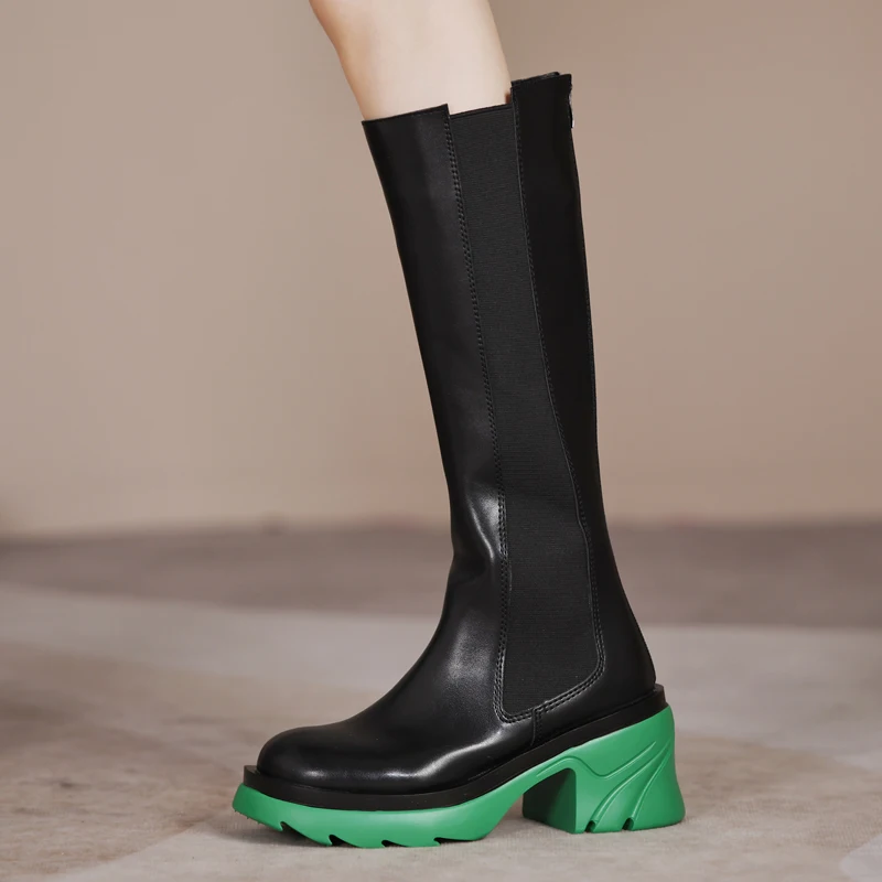 New Women's Mid-Calf High Boots Square 8cm High Heel Round Toe Thick Platform Zip Shoes Solid Casual Leisure Footwear