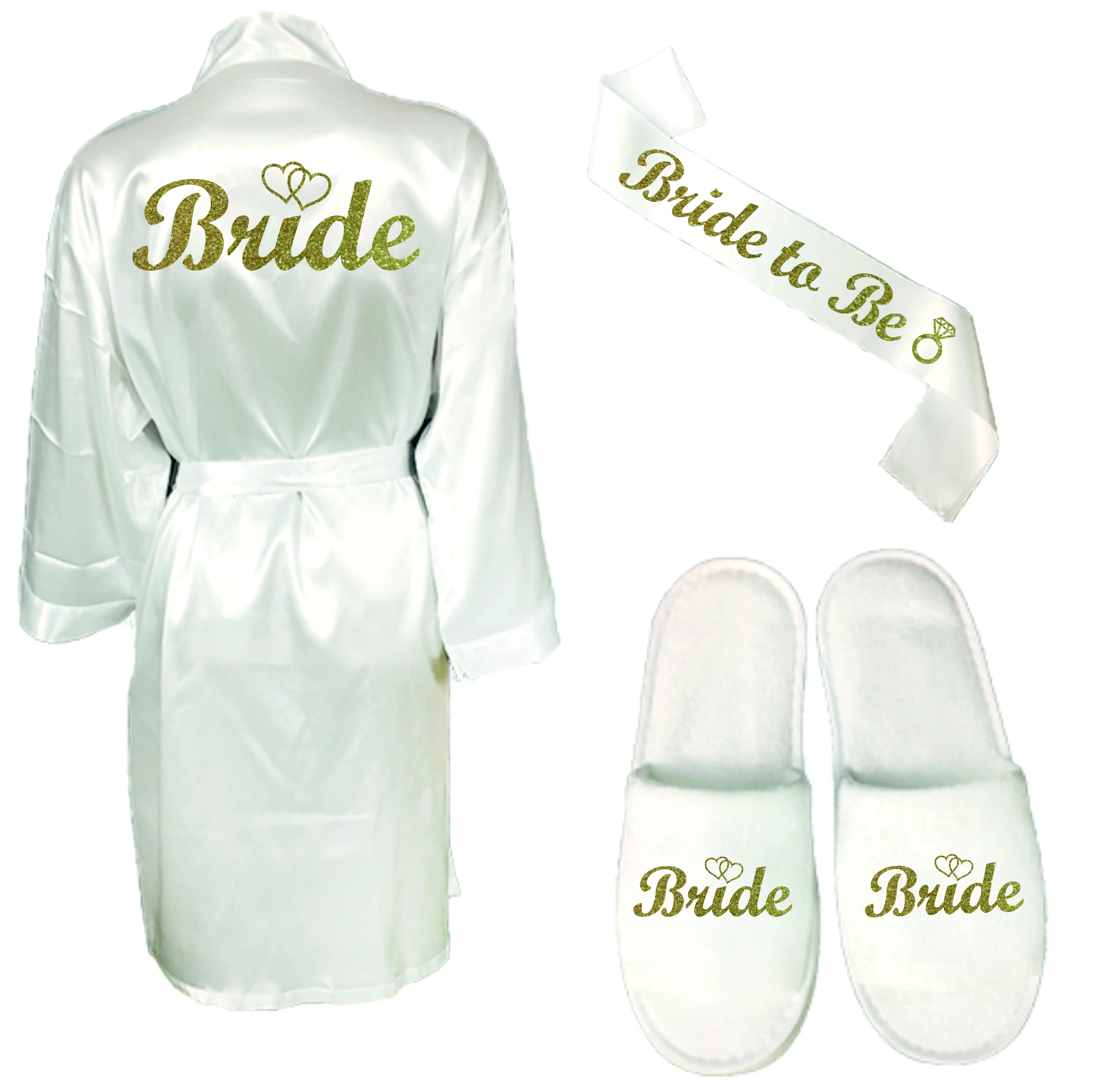 

PARARTDIY 3pc set of glitter gold bride satin short bride robe slippers bridal sash peignoir women Bridal Party 2019 kimono robe