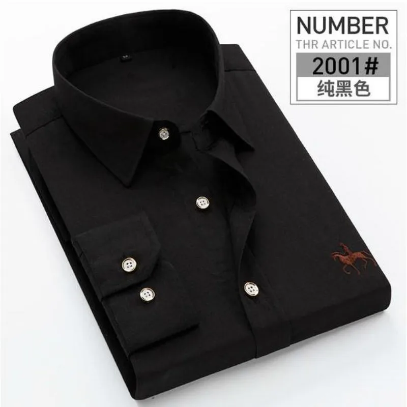 New Plus Size 6XL 100% Cotton Solid Men's Shirts Long Sleeve Embroidered Horse Casual Without Pocket Social Dress Shirt For Male