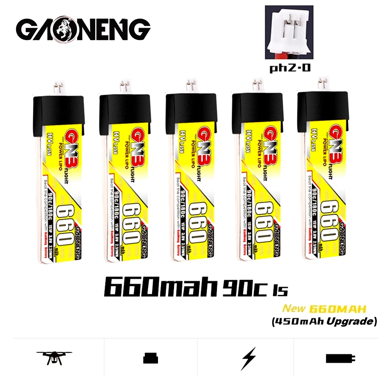 

1-10Pcs Gaoneng Gnb HV Lipo Battery 3.8V 660mAh 1S 90C/180C 4.35V With PH2.0 Plug For Emax Tinyhawk King Kong Ldarc TINY7 Drone