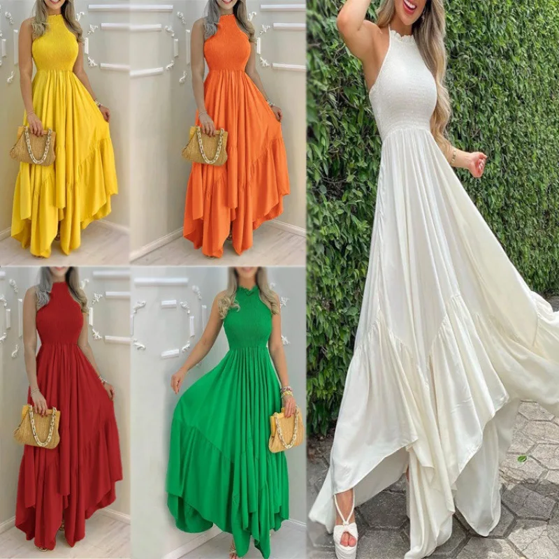 

2021 summer ladies fashion solid color sleeveless halter neck tight strapless high waist big swing dress ladies dress