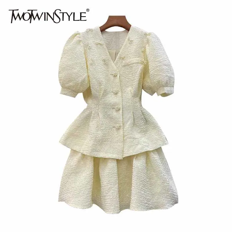 

TWOTWINSTYLE Apricot Elegant Two Piece Set For Women V Neck Puff Short Sleeve Tops High Waist Mini Skirts Female 2021 Summer New