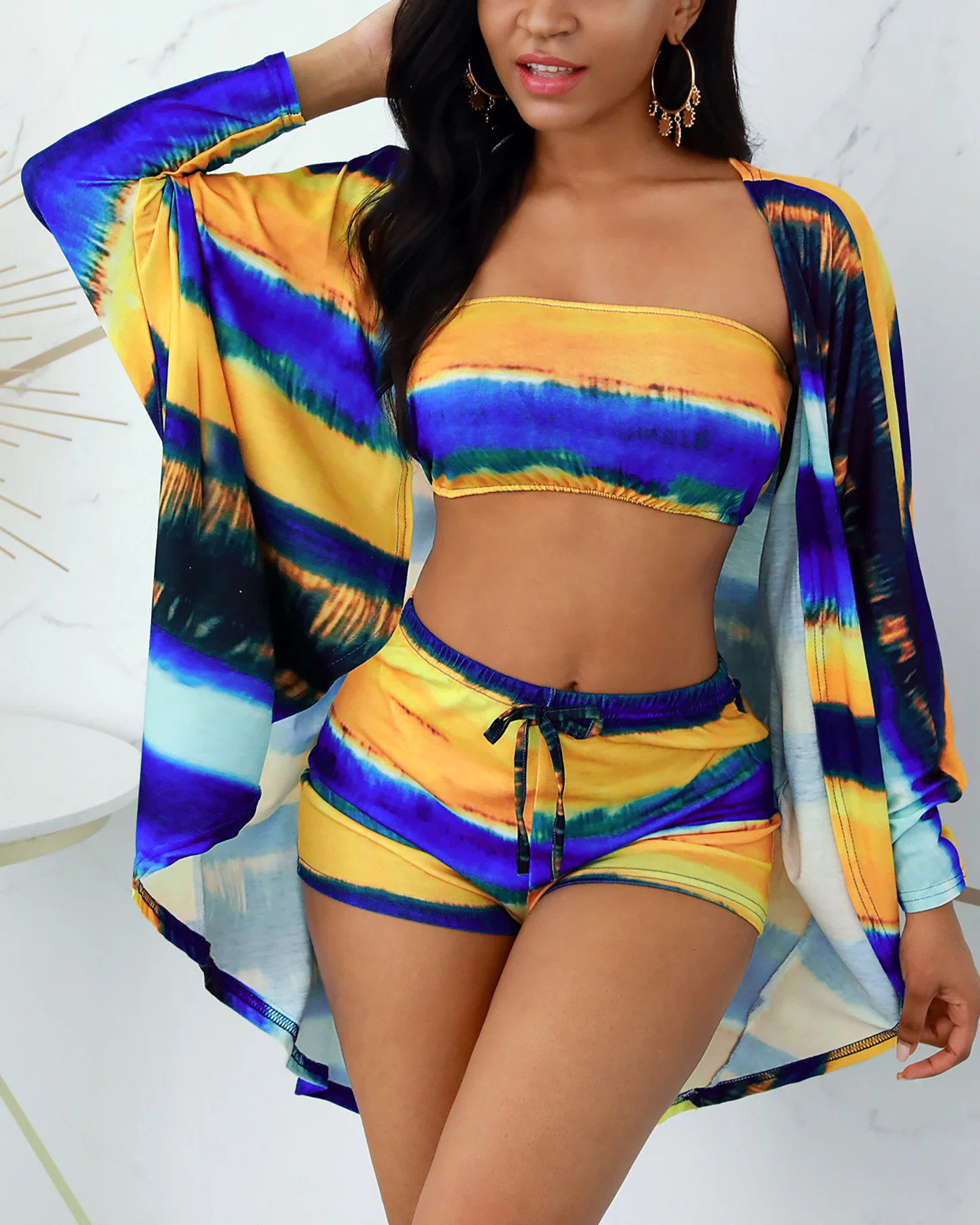 

Women Sexy Swimsuit Three-Pieces Swimwear tie-dye BeachWear Bikini Set With Cover Up