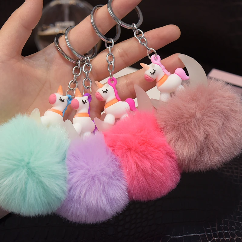 

Plush Pompom Unicorn Keychain for Women Round Ball Pom Pom Faux Rabbit Fur Key Chain Trinket Car Bag Bell Key Ring Gift EH377