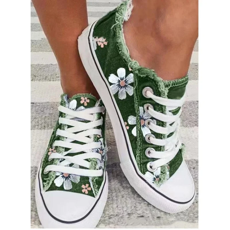 

2021 New Women Retro Denim Canvas Flats Flower Vulcanized Female Summer Fashion Lace-up Sneakers Ladies Casual Shoes Plus Size