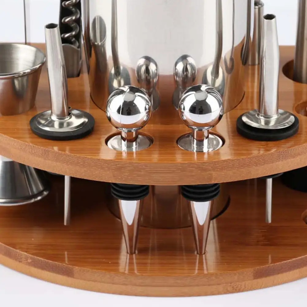 

Stainless Steel Cocktail Shaker Food-grade Bamboo Base Bartending Tool Kit Mixer Drink Bartender Bars Tool With Wine Rack Stand