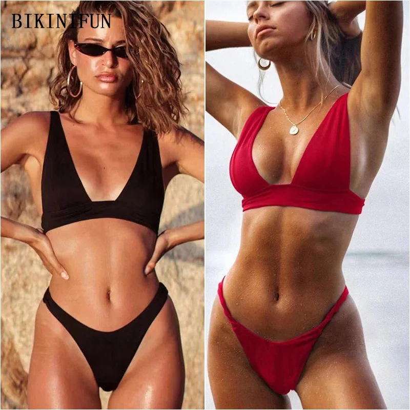 

2020 новый сексуальный Треугольники купальник бралет Для женщин однотонные Цвет купальник с низким вырезом на спине ванный комплект S-XL девуш...