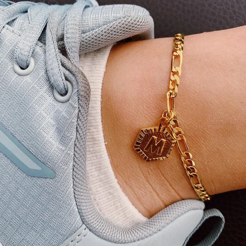 

Summer Hexagon Alphabet Leg Bracelets For Lover Foot Jewellry Stainless Steel Feet Chain Friendship Gifts Letter Initial Anklet