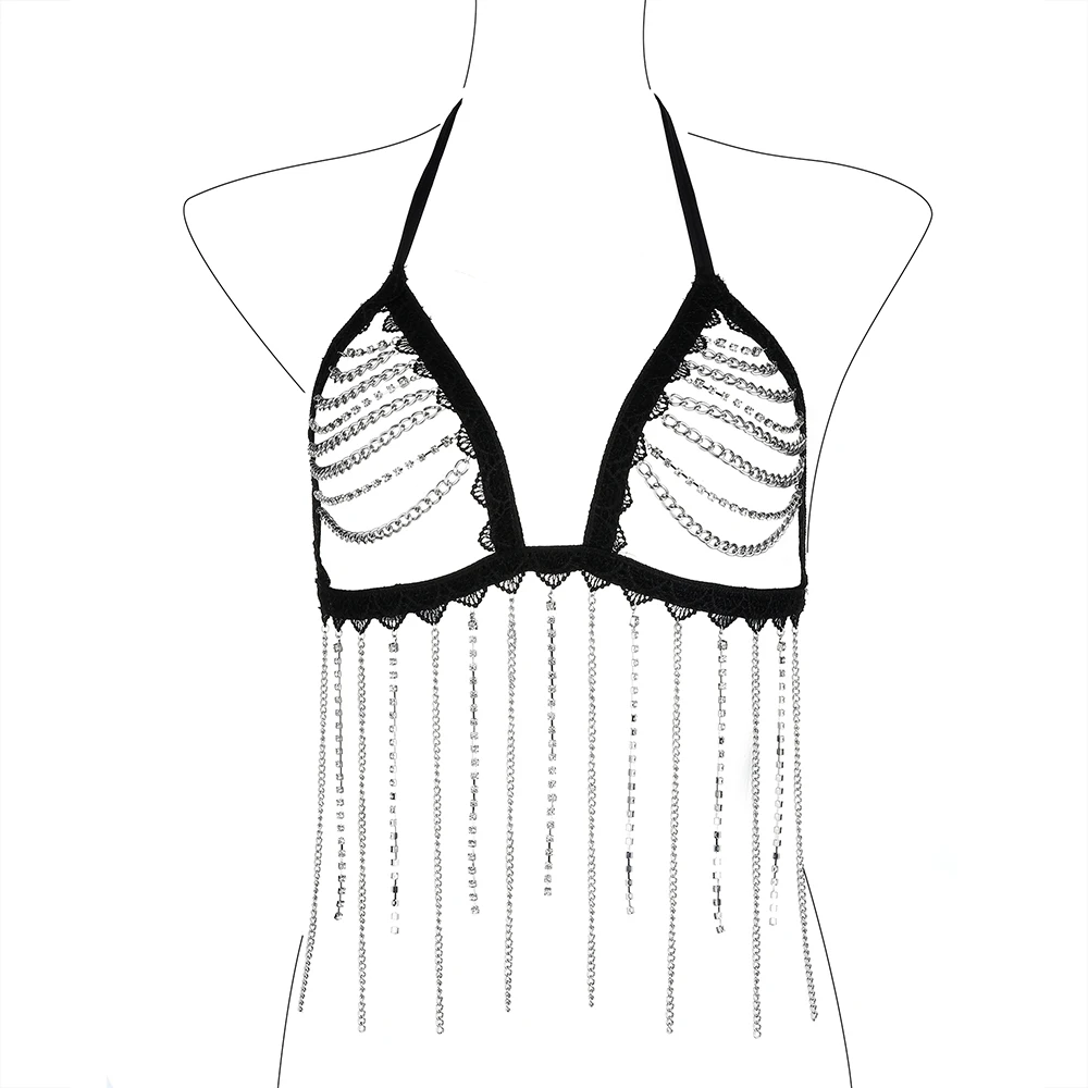 

Sling Rhinestone Silver Chain Black Lace Halter Bra Women Fashion New Nightclub Sexy Backless Body Chain Jewelry Accessories