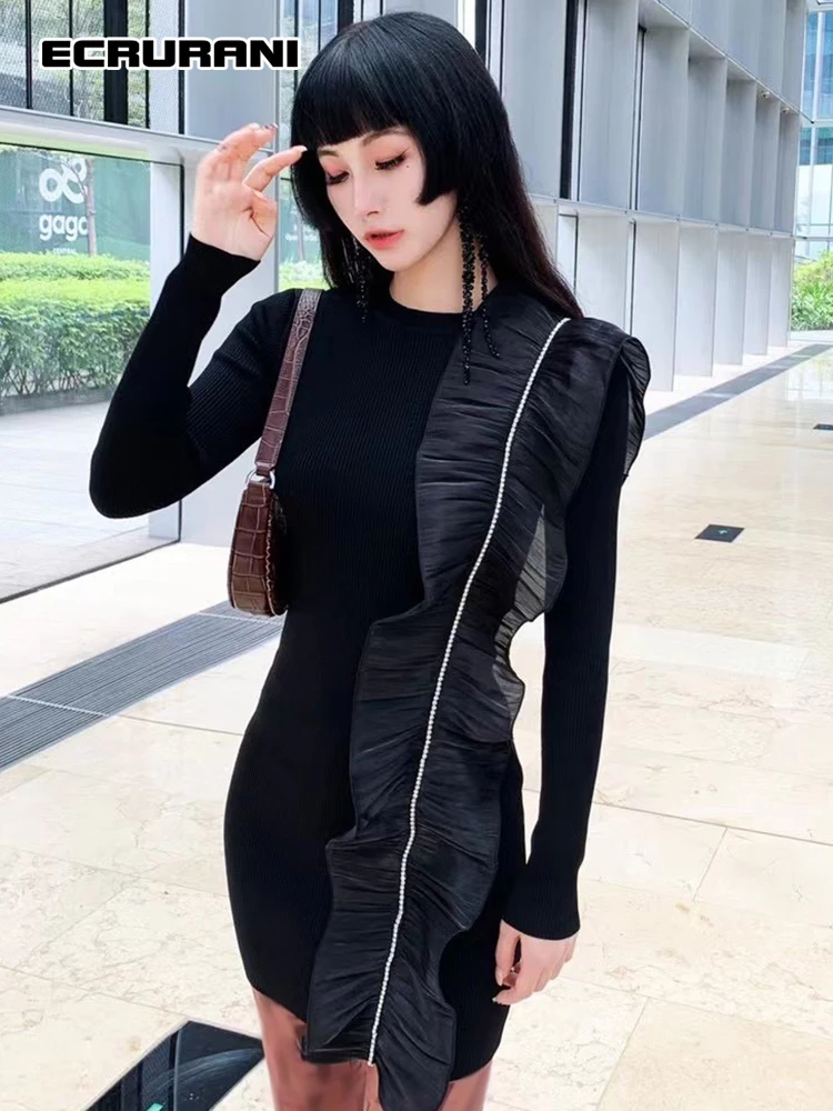 

ECRURANI Red Casual Party Dresses For Women Round Neck Long Sleeve Patchwork Ruffle Trim Slimming Mini Dress Female 2021 Clothes