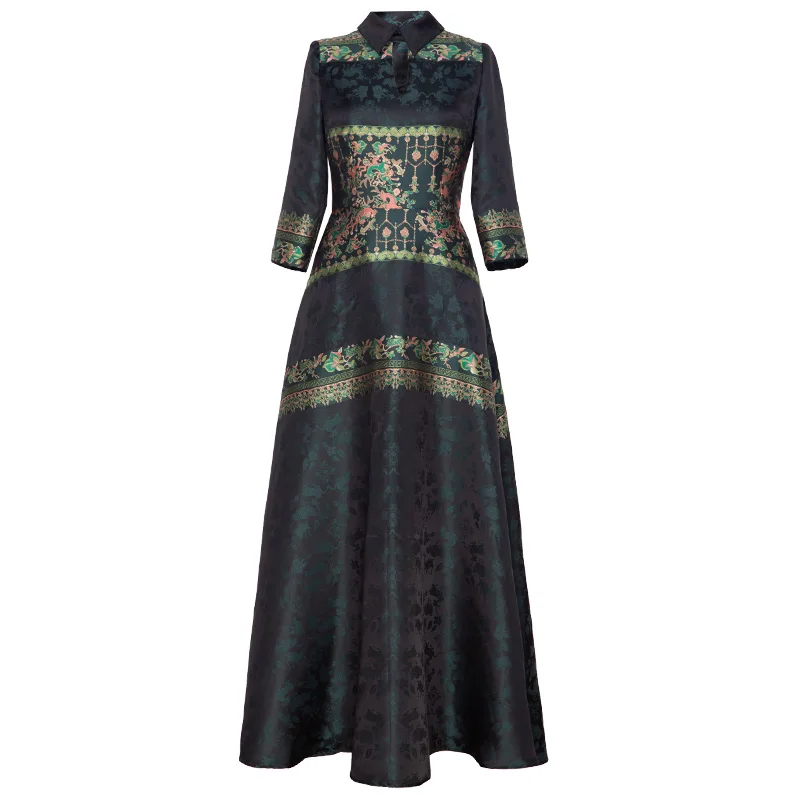 

Plus Size Clothing 2020 Autumn Fashion Long Party Vestidos Dresses Women Vintage Jacquard Print 3/4 Sleeve Elegant Maxi Dress