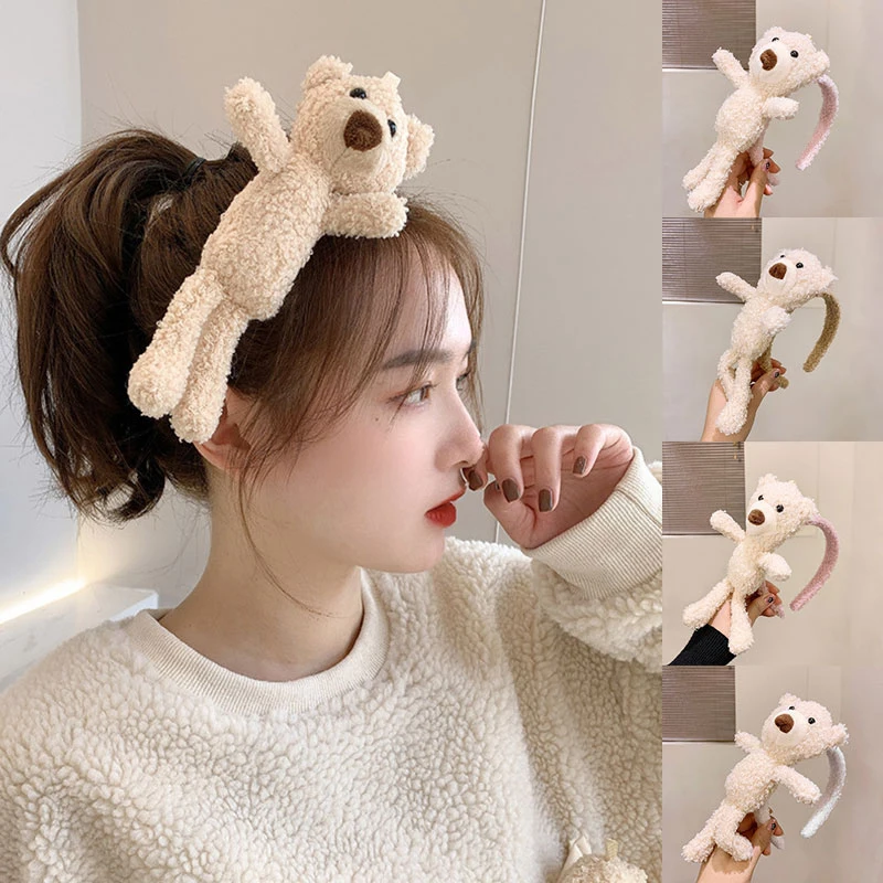 

Elegant Korean Cute Bear Headbands for Girls Headwear Teddy Fur Plush Hoop Headband for Women Turban INS Popular Hair Accessory