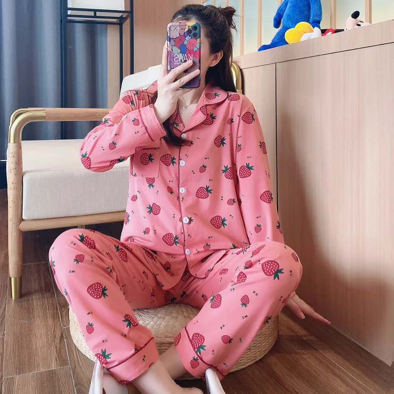 

Womens Blue Strawberr Loose Casual Home Clothes Pajama Sets Women Long Sleeve 2XL Turn-down Collar Elegant Cardigans Sleepwear