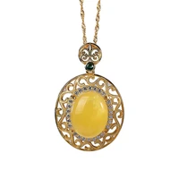 s925 sterling silver gold plated natural amber beeswax chain set personality hollow out egg noodles temperament ladies pendant