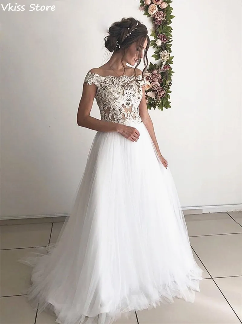 

Vkiss Evening Dress 2020 For Wedding Off Shoulder A-line White Applique Simple Boat Neck Sweep Train Prom Gown vestidos formales