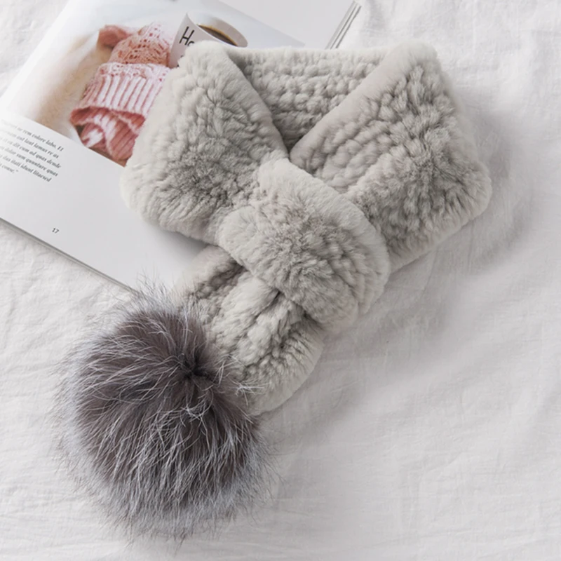

2020 New Women Fashion Real Rex Rabbit Fur Scarf Lady Luxury Genuine Silver Fox Fur Pompoms Long MufflersS7730